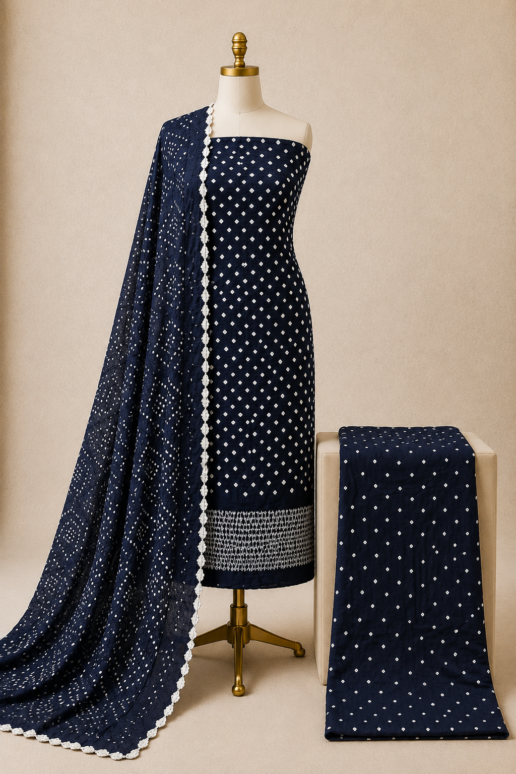 Soft Cotton Self Color 3Pc Unstitched Bandhani Dress Material