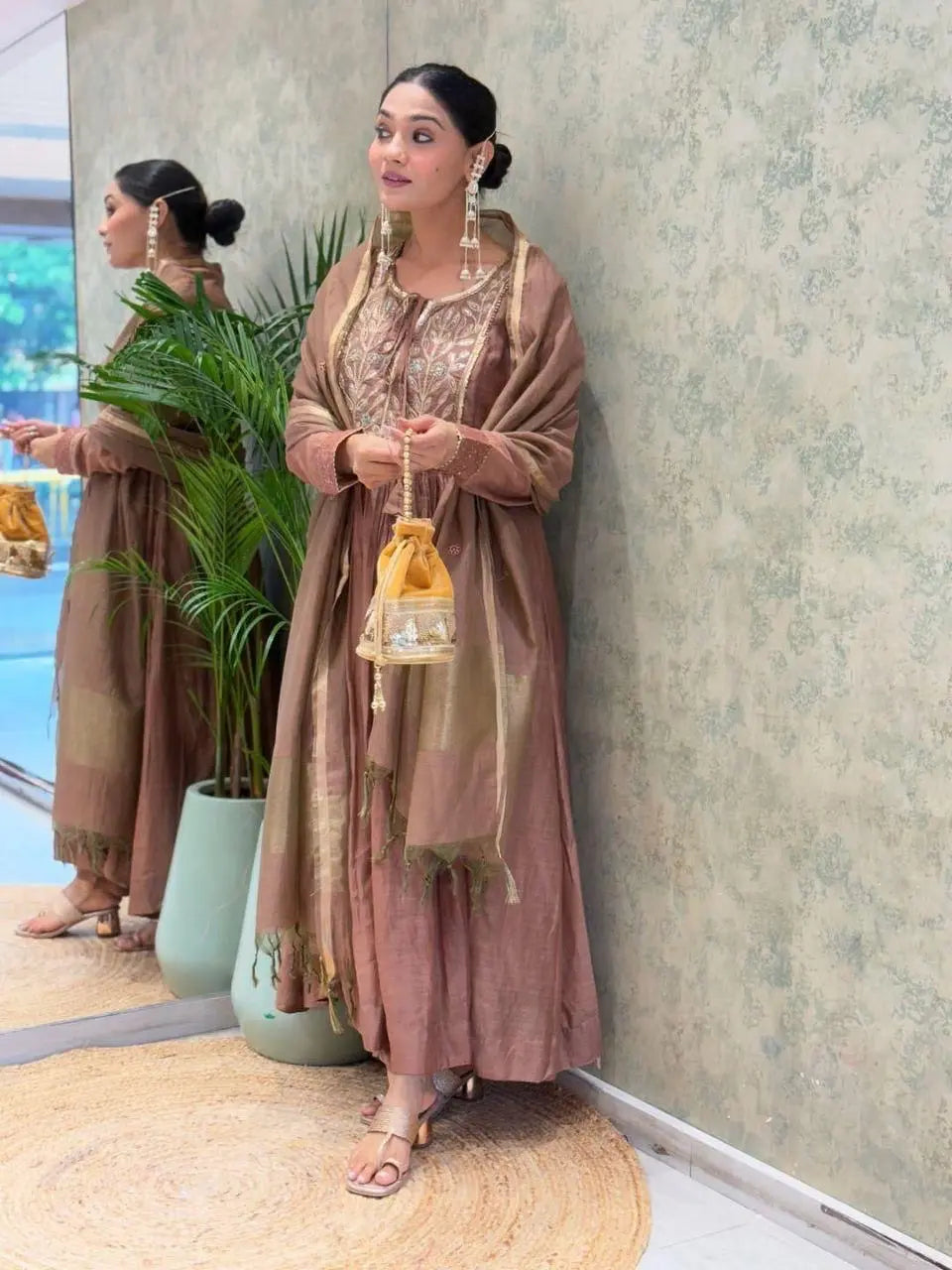 Mal Chanderi Flair Work Kurti Pant Dupatta Set (Ready to Wear)