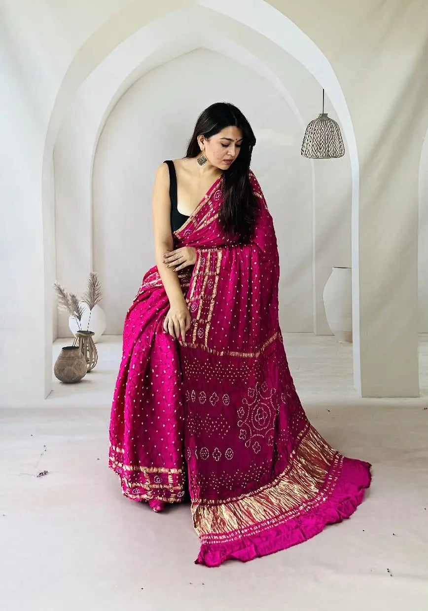Modal Silk Authentic Kutchi Hand Bandhej Work Chex Border Silk Bandhani Saree