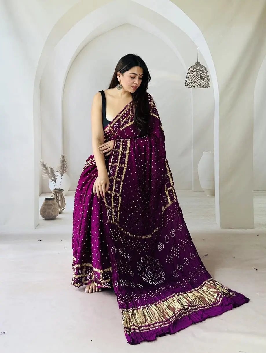 Modal Silk Authentic Kutchi Hand Bandhej Work Chex Border Silk Bandhani Saree