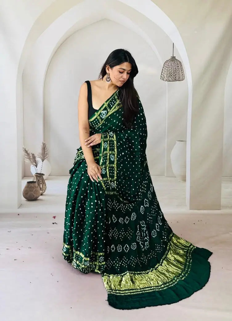 Modal Silk Authentic Kutchi Hand Bandhej Work Chex Border Silk Bandhani Saree