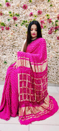 Modal Silk Gharchola Golden Chex work Jamnagar Bandhani Saree