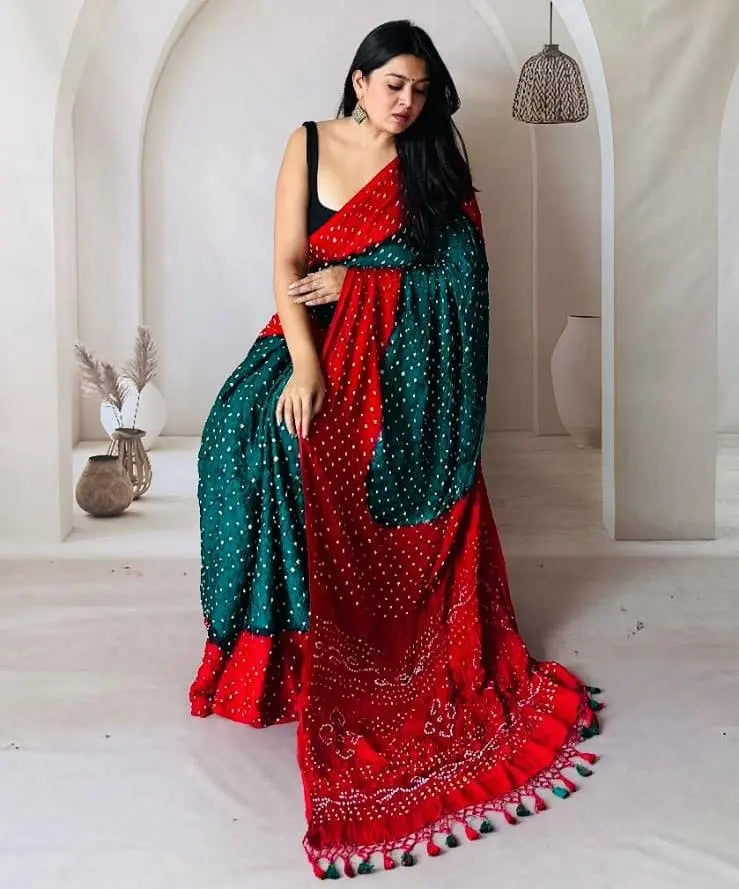 Modal Silk Multi Color Hand Crafted Jamnagar Silk Bandhani Saree