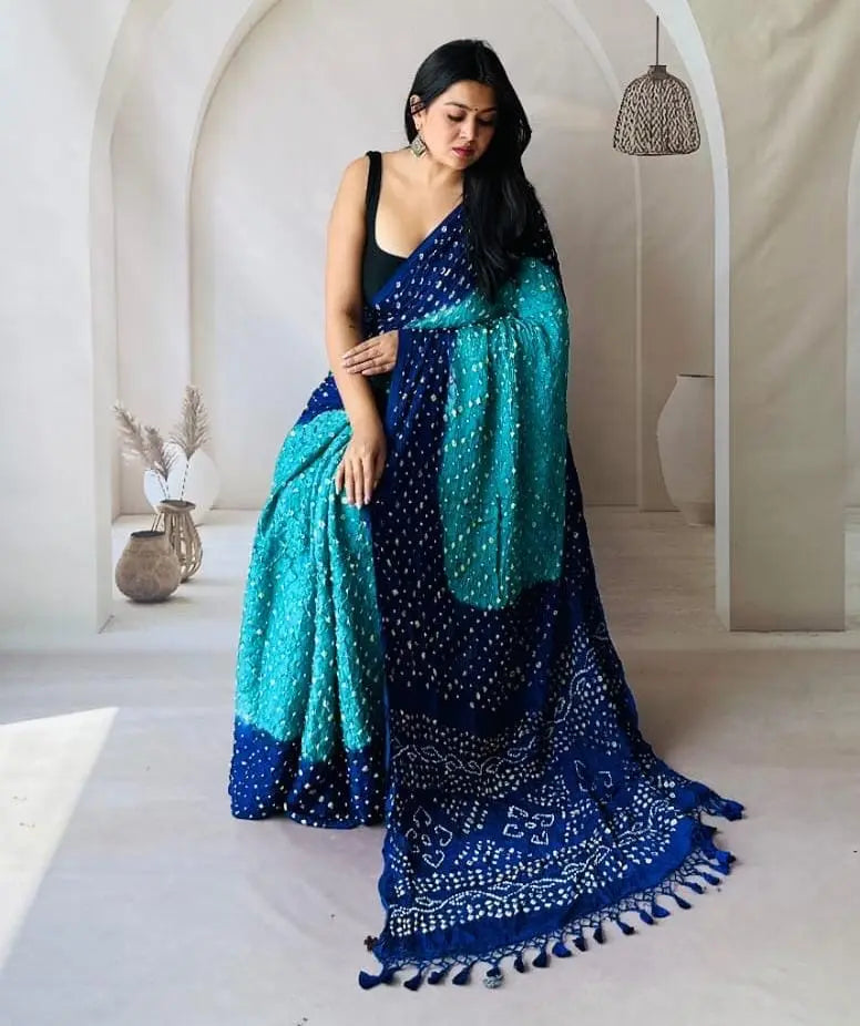 Modal Silk Multi Color Hand Crafted Jamnagar Silk Bandhani Saree