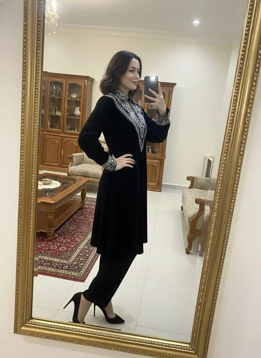 Neck Sequence Embroidery Work with Collar Velvet Cord Set