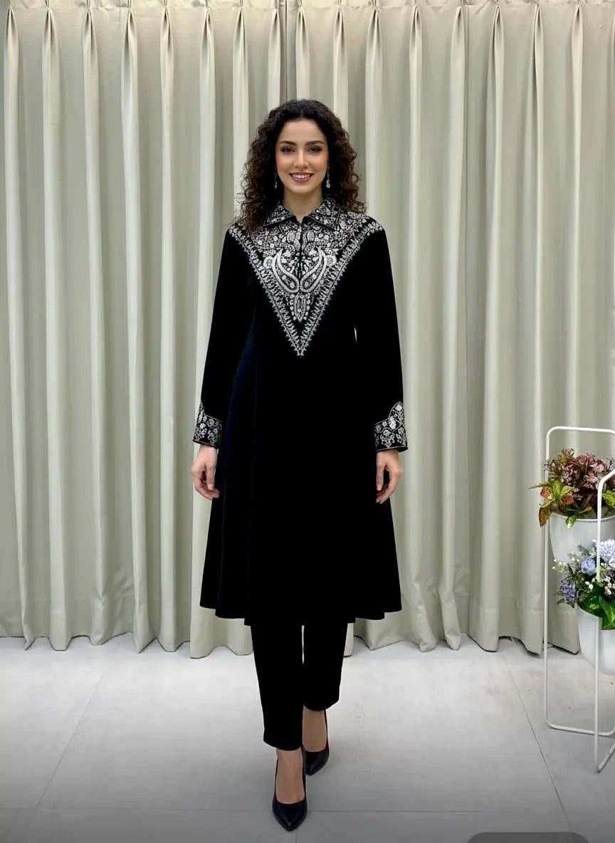 Neck Sequence Embroidery Work with Collar Velvet Cord Set