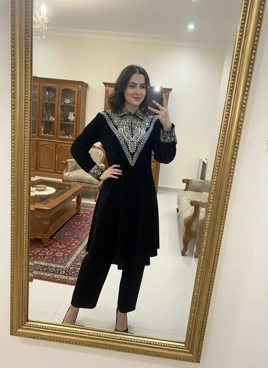Neck Sequence Embroidery Work with Collar Velvet Cord Set