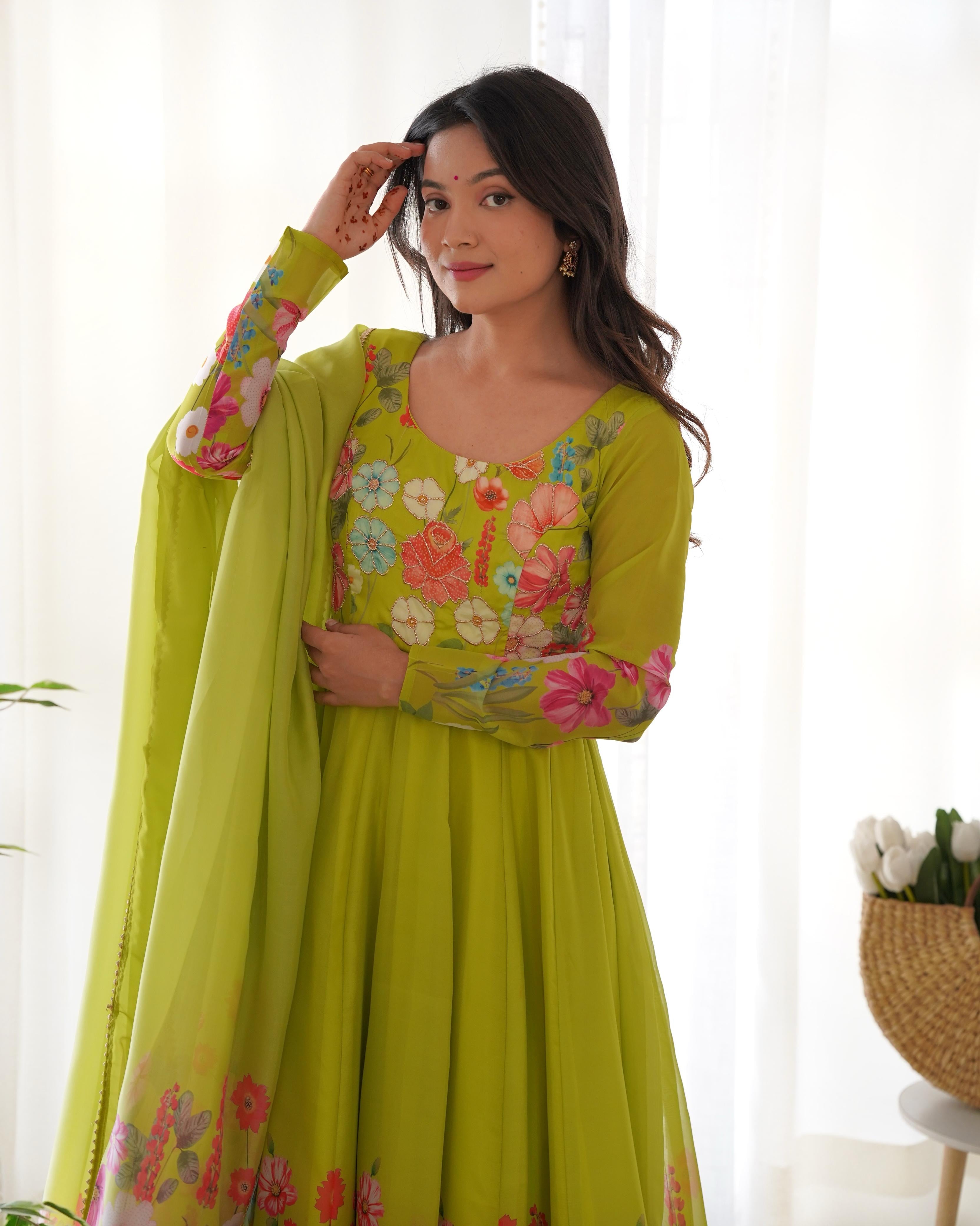 Organza Silk Hand Work Anarkali Kurti Dupatta Pant Set ( Ready to Wear)