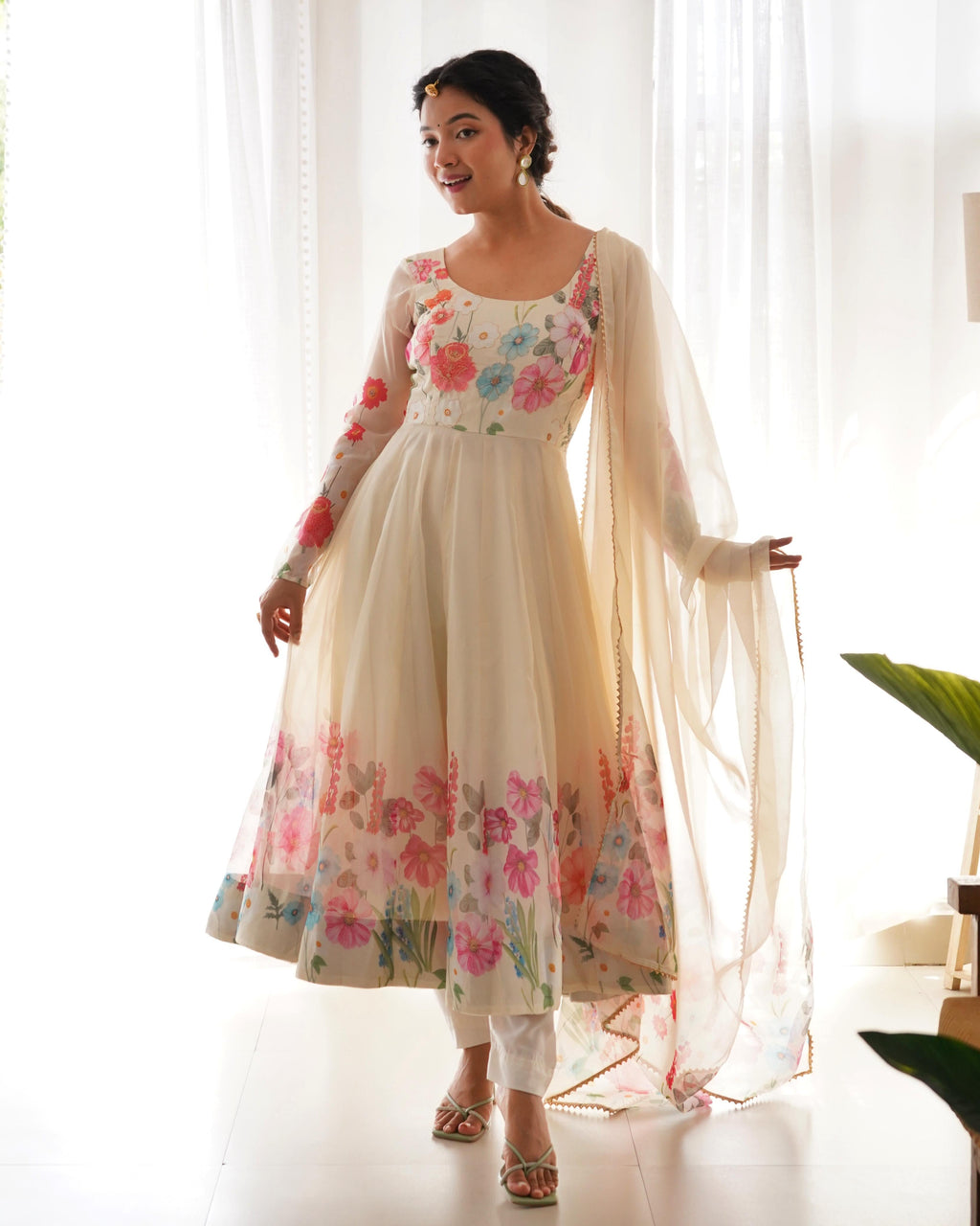 Organza Silk Hand Work Anarkali Kurti Dupatta Pant Set ( Ready to Wear)