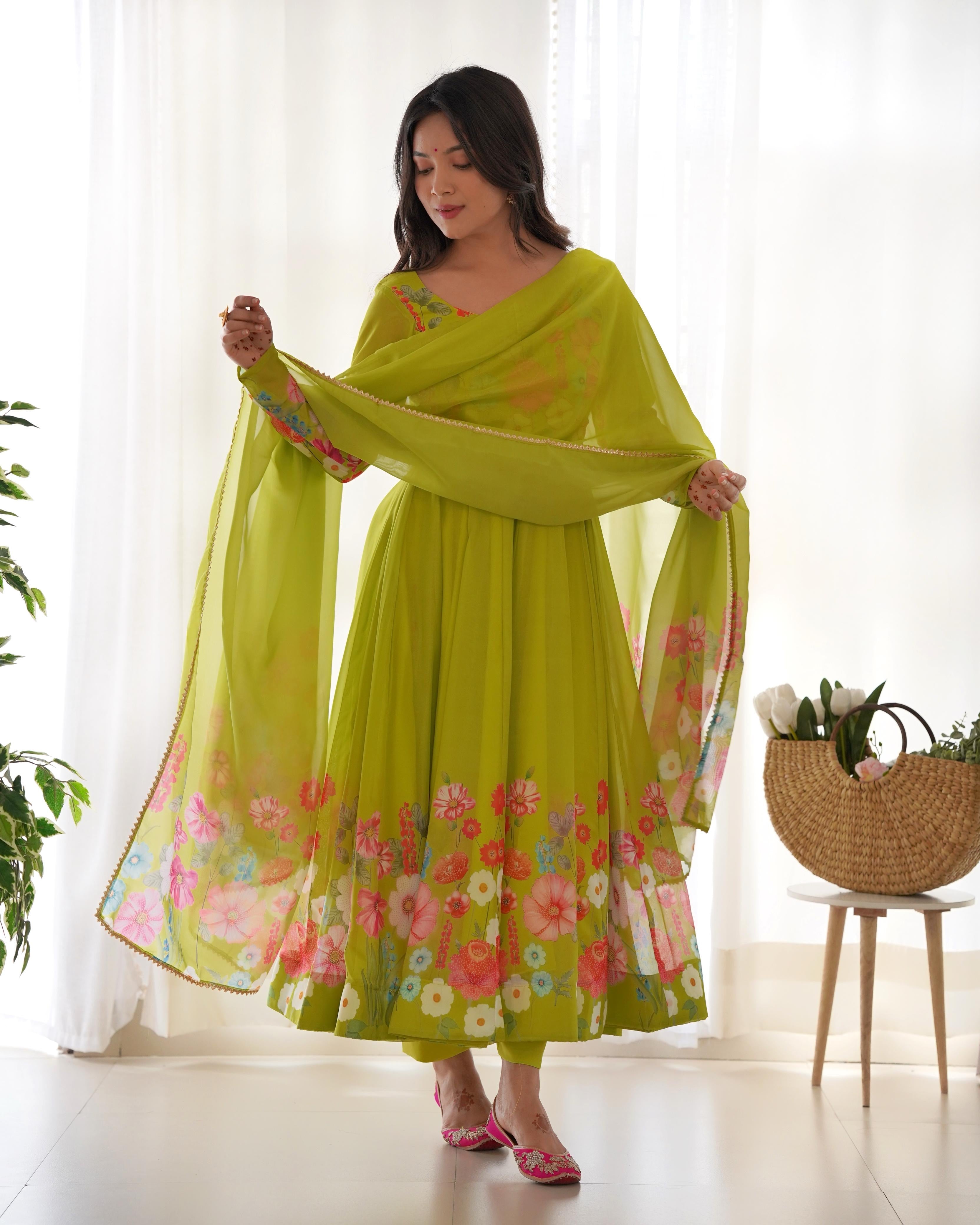 Organza Silk Hand Work Anarkali Kurti Dupatta Pant Set ( Ready to Wear)