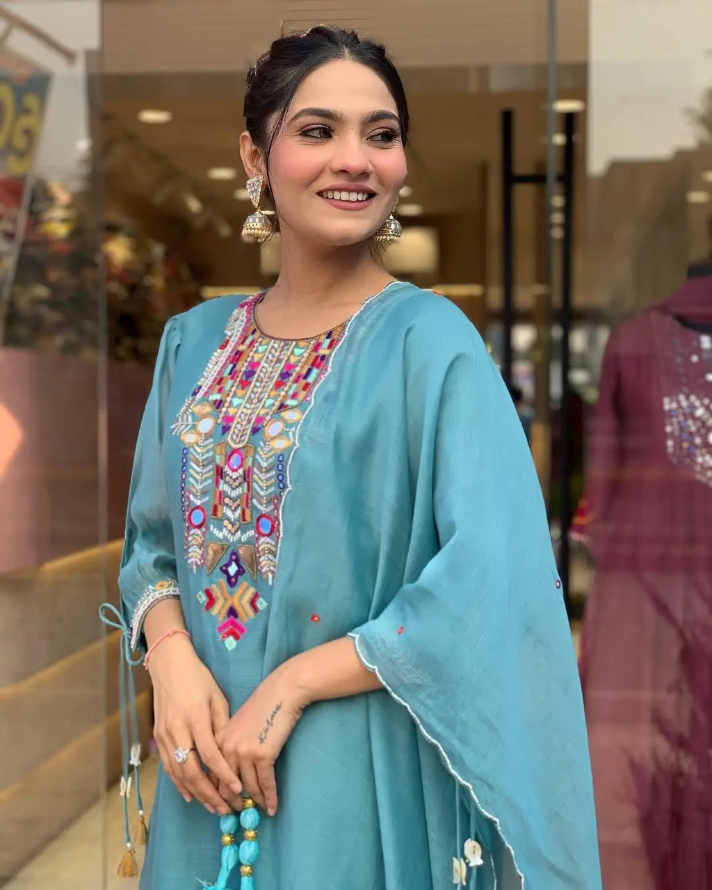 Premium Chanderi Neck Work Summer Special Kurti Pant Dupatta Set (Stitched)