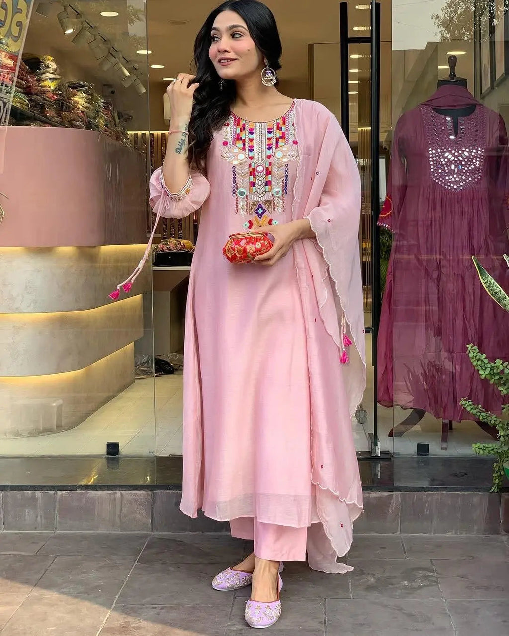 Premium Chanderi Neck Work Summer Special Kurti Pant Dupatta Set (Stitched)