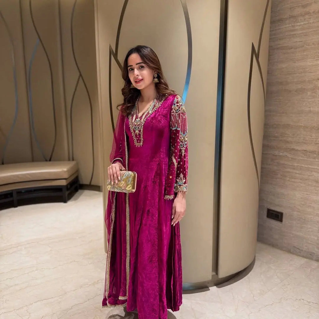 Premium Multi Color Embroidery Work Designer Velvet Kurti Pant Dupatta Set (Ready to Wear)