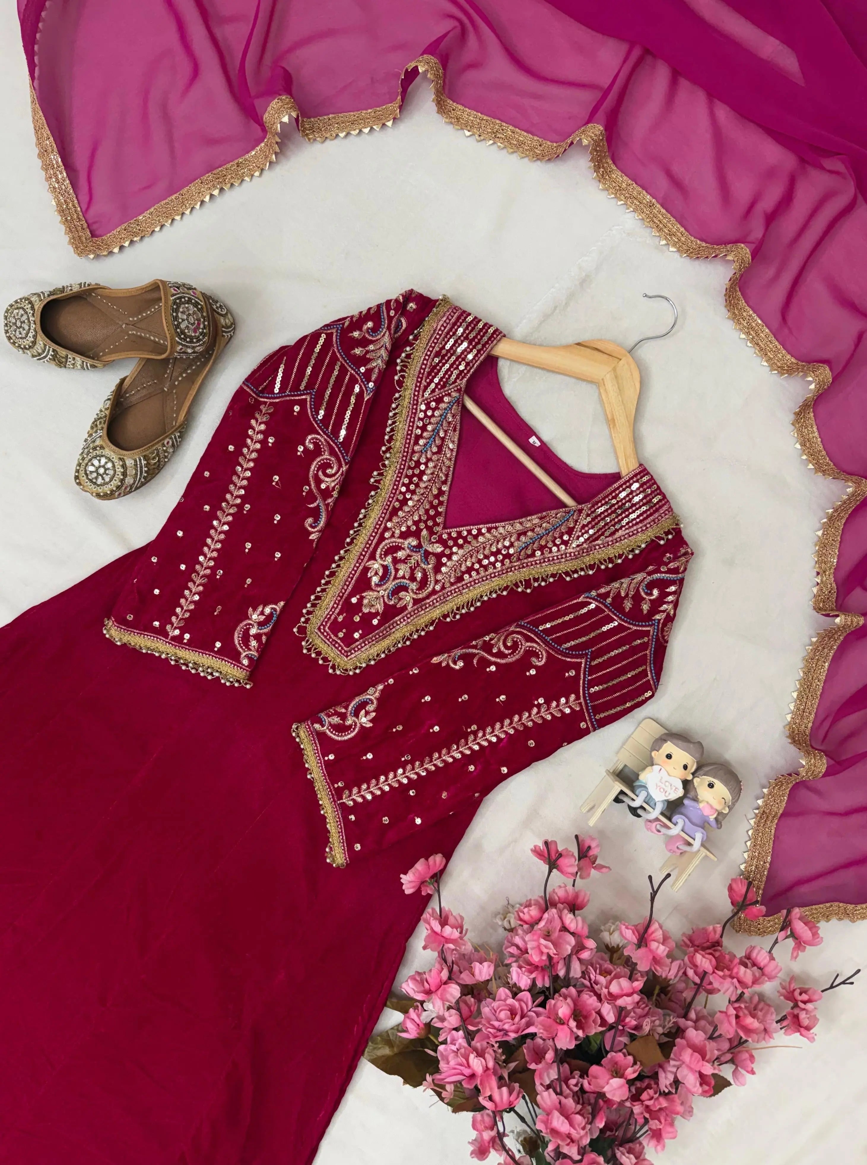 Premium Multi Color Embroidery Work Designer Velvet Kurti Pant Dupatta Set (Ready to Wear)