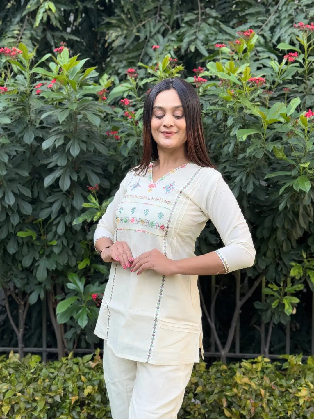Pure Cotton Embroidery Work Tunic Style Co-ord Set (Ready to Wear)