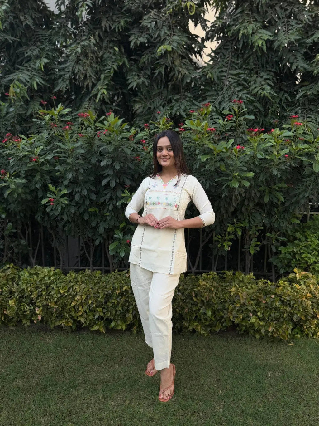Pure Cotton Embroidery Work Tunic Style Co-ord Set (Ready to Wear)