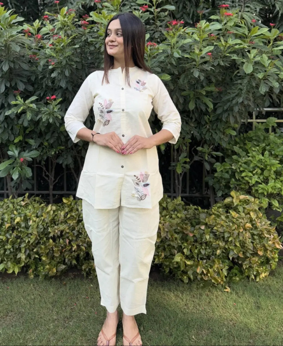 Pure Cotton Embroidery Work Tunic Style Co-ord Set (Ready to Wear)