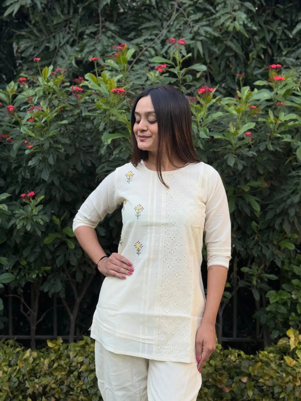 Pure Cotton Embroidery Work Tunic Style Co-ord Set (Ready to Wear)