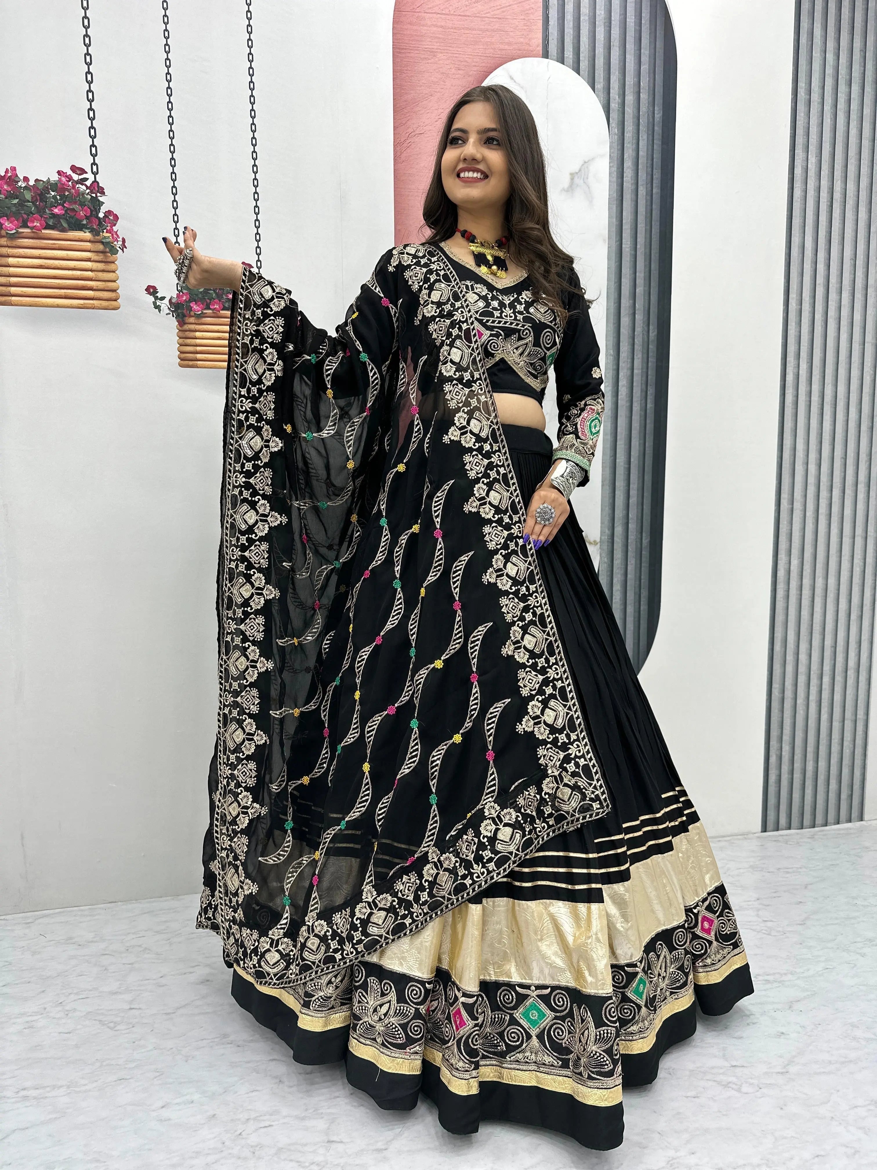 Pure Cotton Thread Embroidery Work 6M Flair work Navratri Special Designer Chaniya Choli (Ready To Wear)