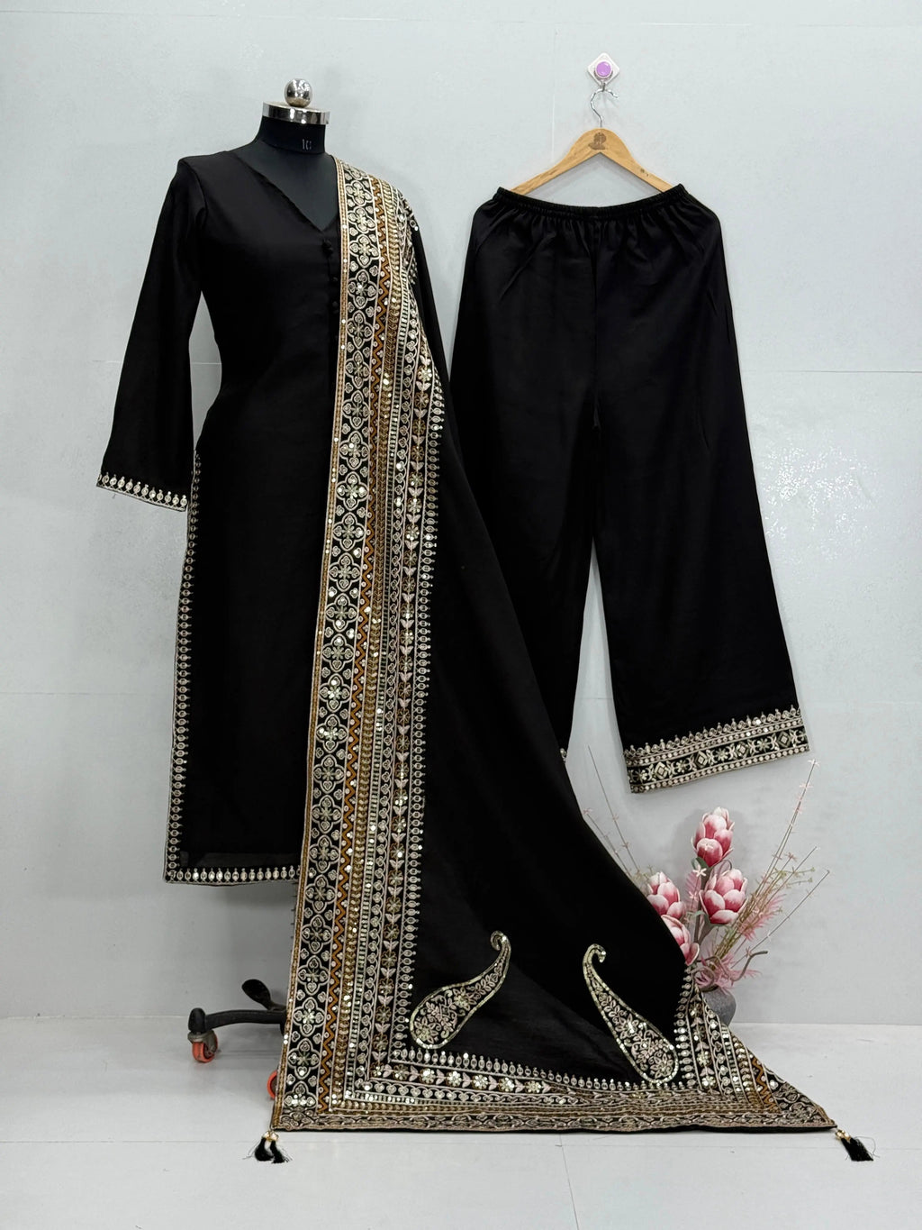 Roman Silk Embroidery Work Designer 3 Pc Kurti Palazzo Dupatta Set