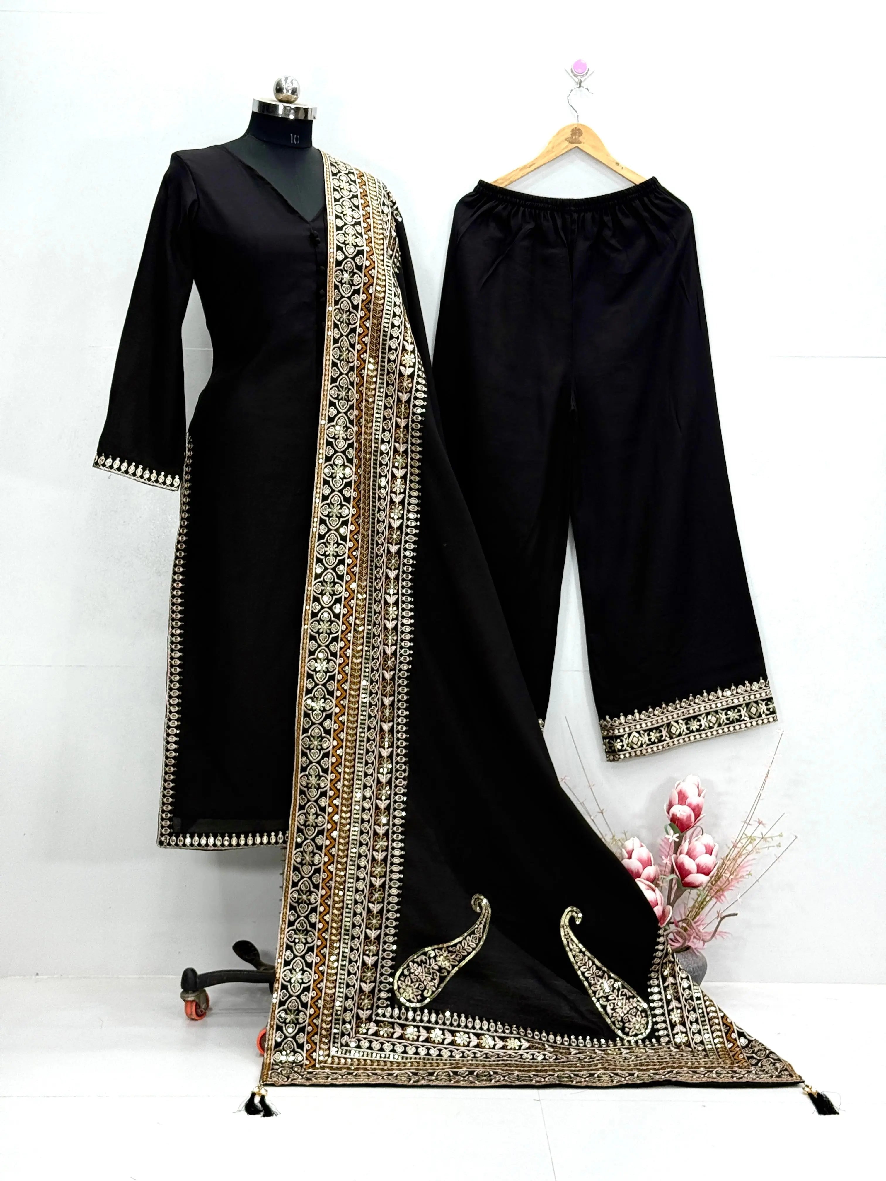 Roman Silk Embroidery Work Designer 3 Pc Kurti Palazzo Dupatta Set