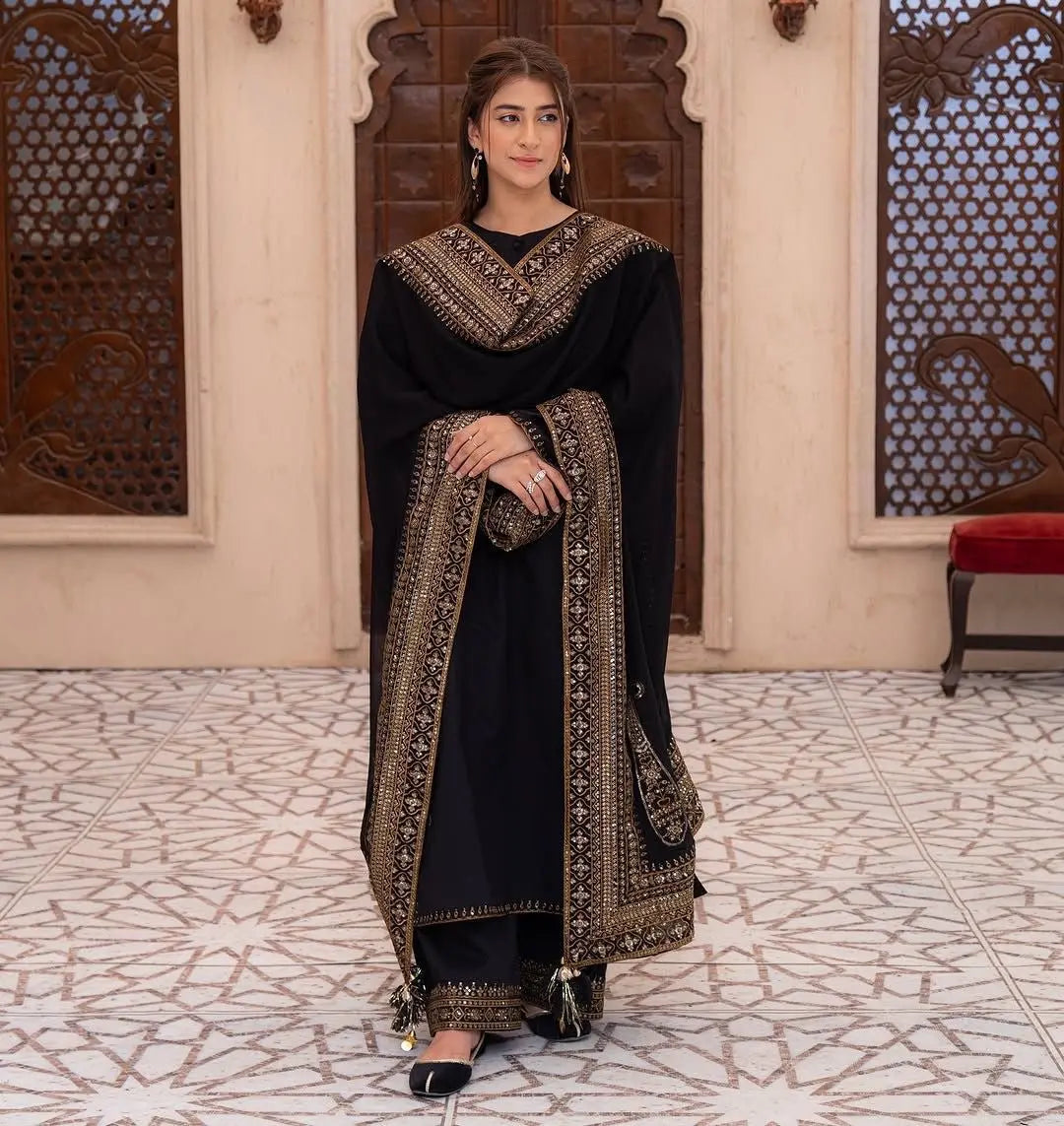 Roman Silk Embroidery Work Designer 3 Pc Kurti Palazzo Dupatta Set