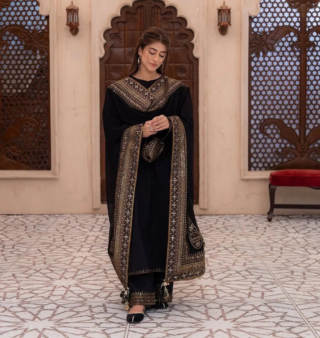 Roman Silk Embroidery Work Designer 3 Pc Kurti Palazzo Dupatta Set