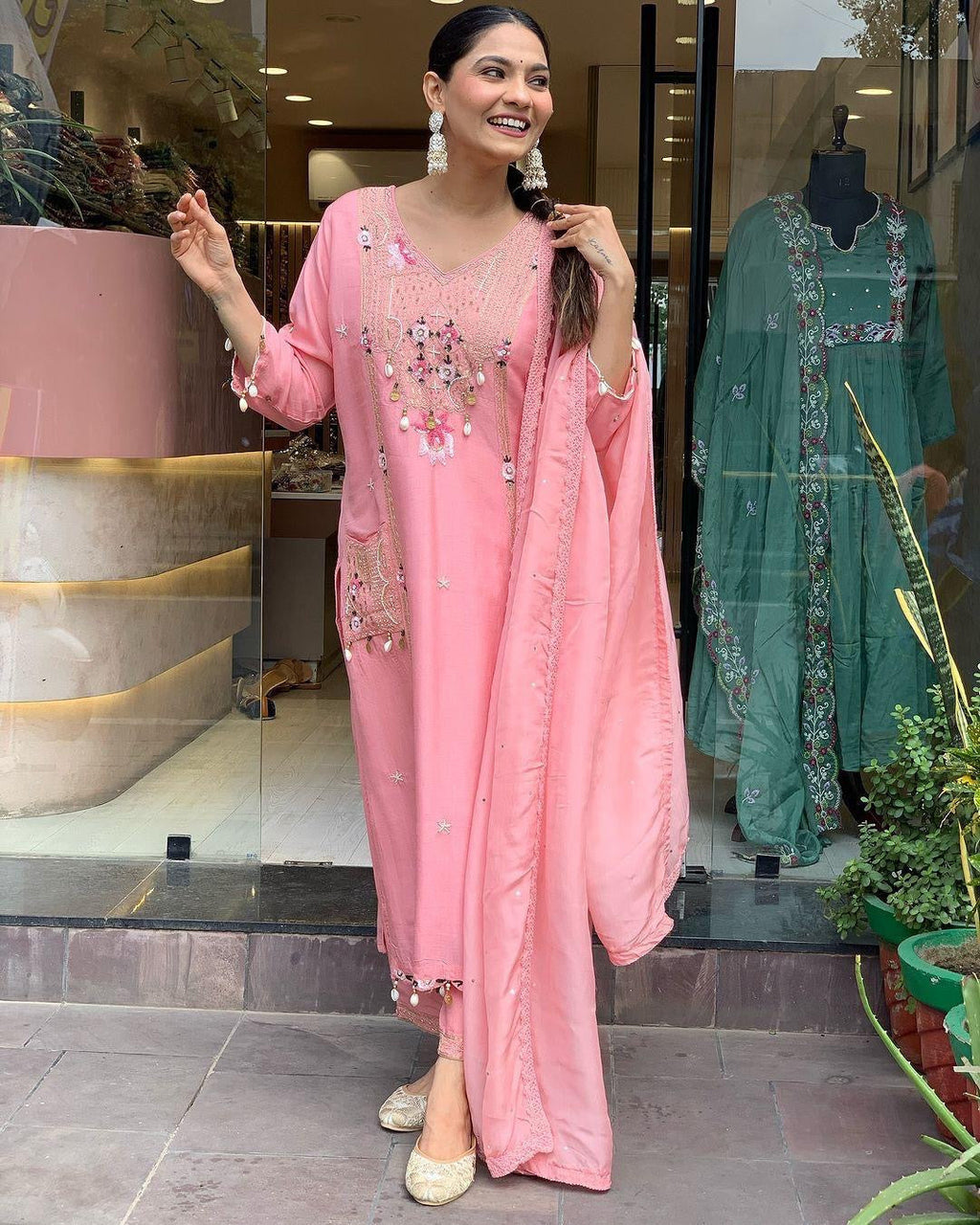 Roman Silk Original Kodi work with Hand Stone Thread Embroidery Work Summer Special Kurti Pant Dupatta Set (Fully Stitched)