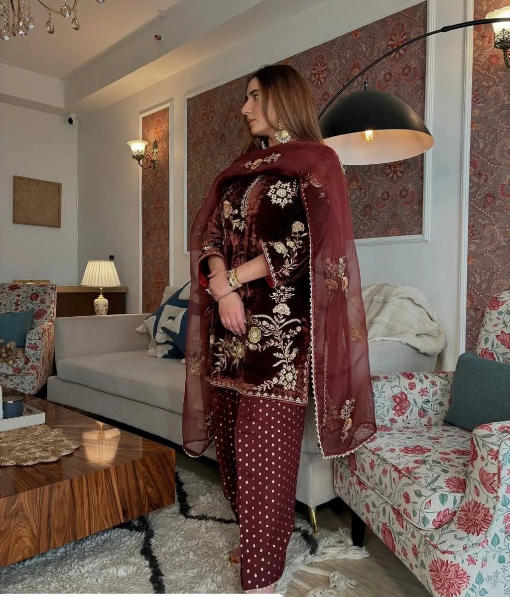 Sequence Embroidery Work Winter Special Velvet Kurti Pant Dupatta Set (Ready to Wear)