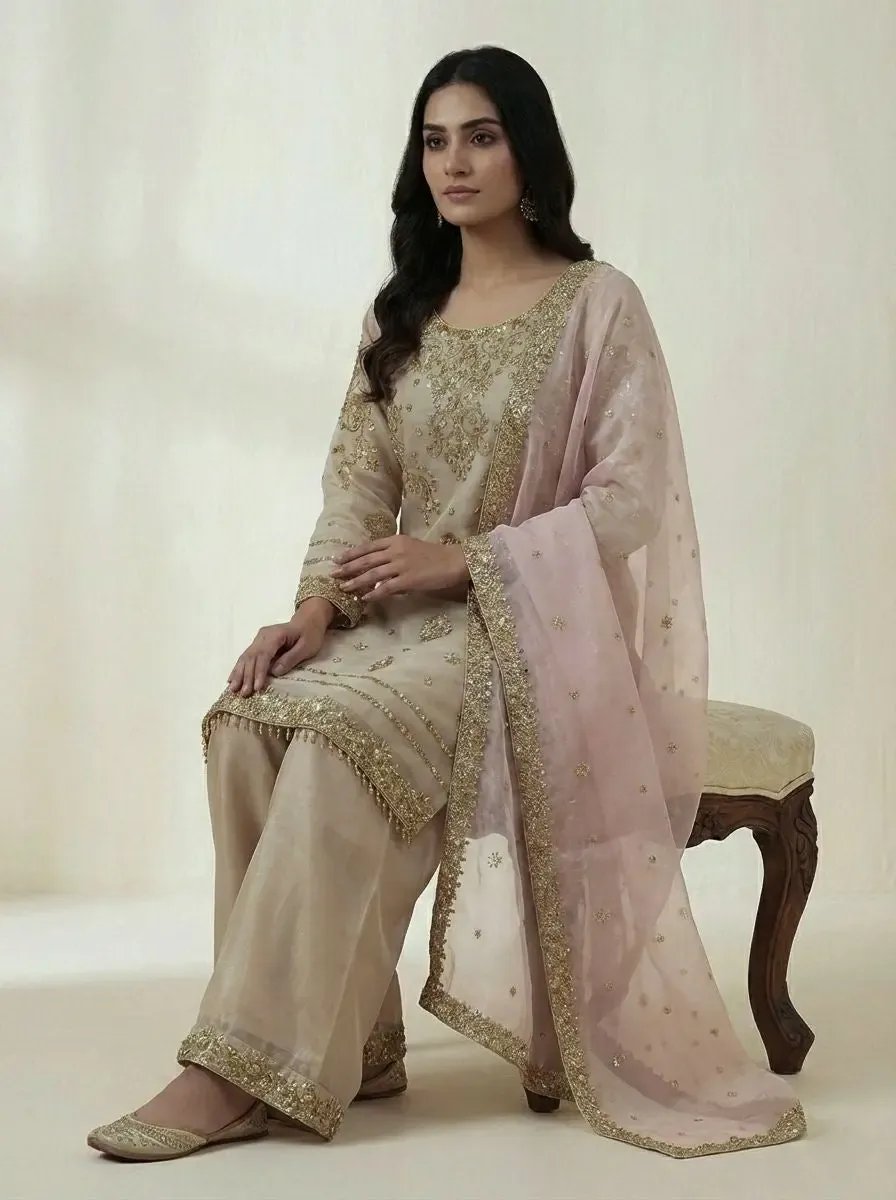 Silk Sequence Embroidery Work Designer Kurti Pant Dupatta Set
