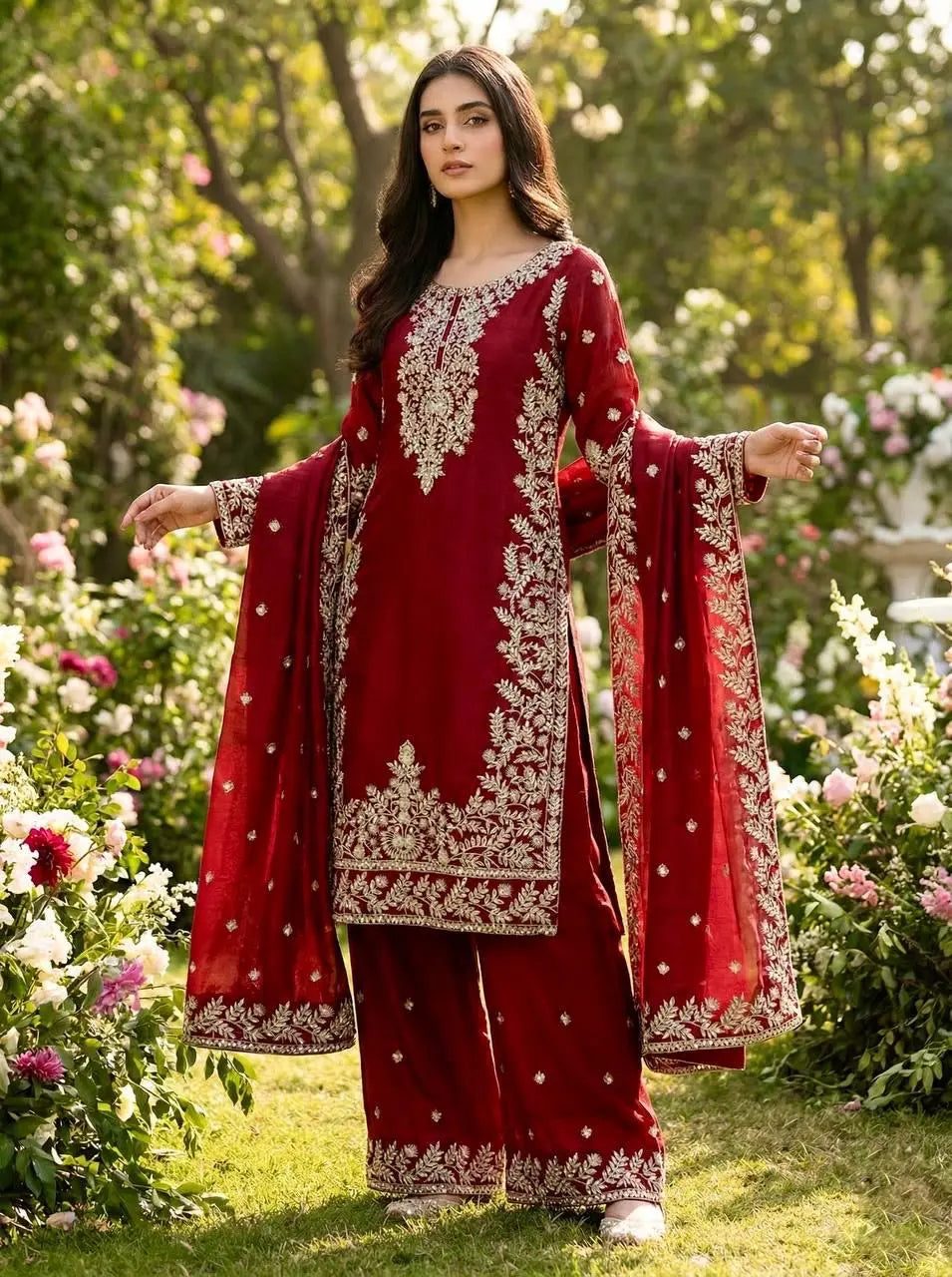 Silk Sequence Embroidery Work Designer Kurti Pant Dupatta Set