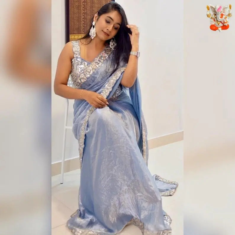 Soft Fendy Silk Sequence Coding Lace Work Party Wear Designer Saree
