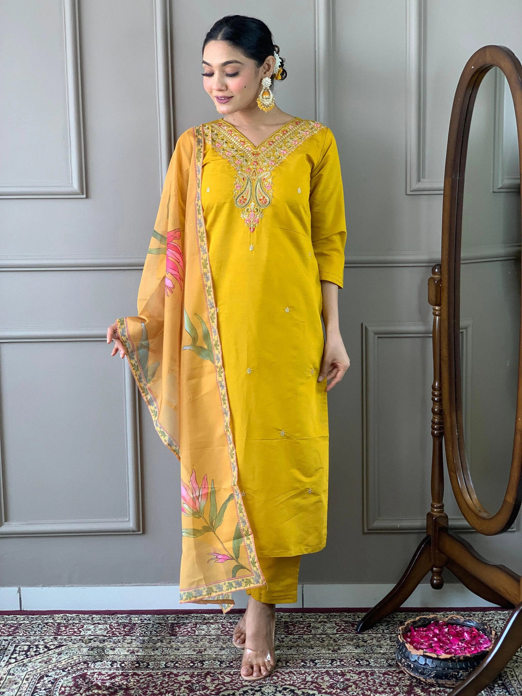 Viscos Chanderi Neck Stone Work Kurti Pant Dupatta Set (Stitched)