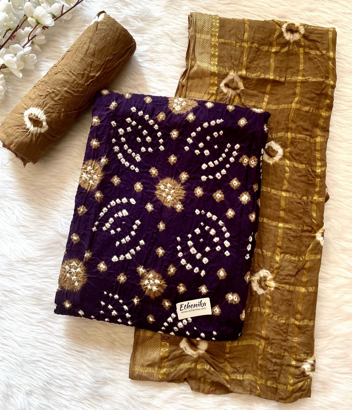 Cotton Satin Dual Contrast Bandhani Material (Unstitched)